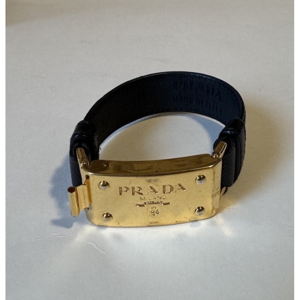 Prada Gold Plaque Bracelet Black Leather - Picture 3 of 9